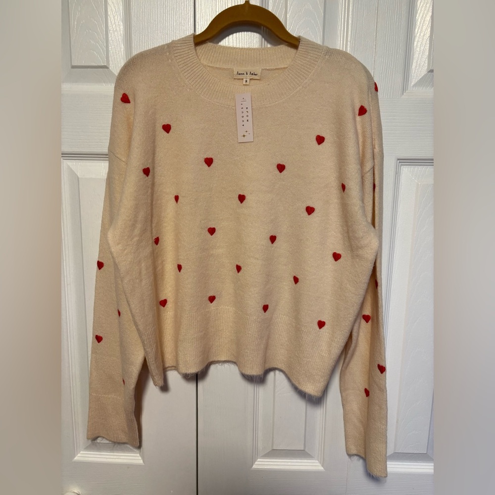 Aaron & Amber Red Heart Patterned Cream Sweater